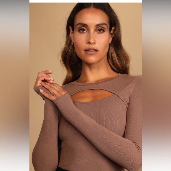 Lulus Tops - Flirty Little Secret Brown Ribbed Cutout Long Sleeve Top